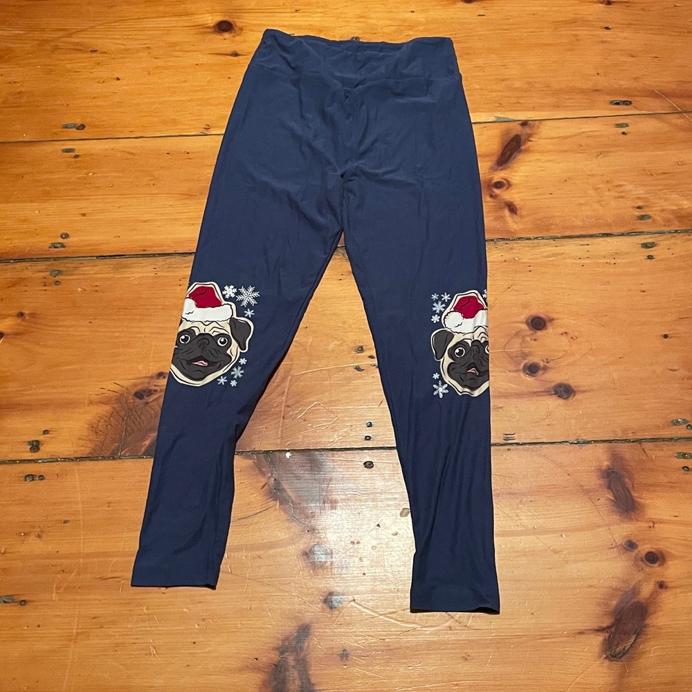 Navy Leggings with Pug and Santa Hat Design